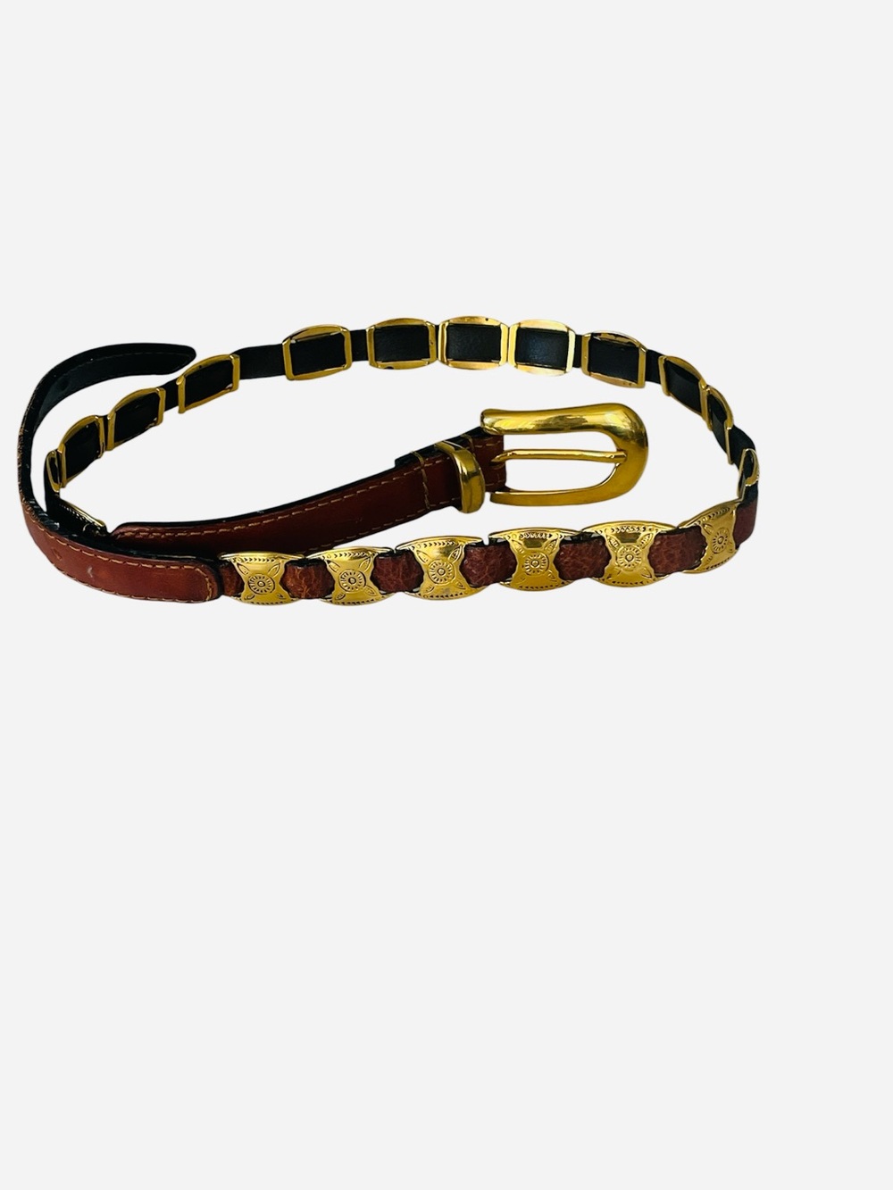 Vintage MCM Gold Tone & Leather Chain Belt Brown Rare Design
